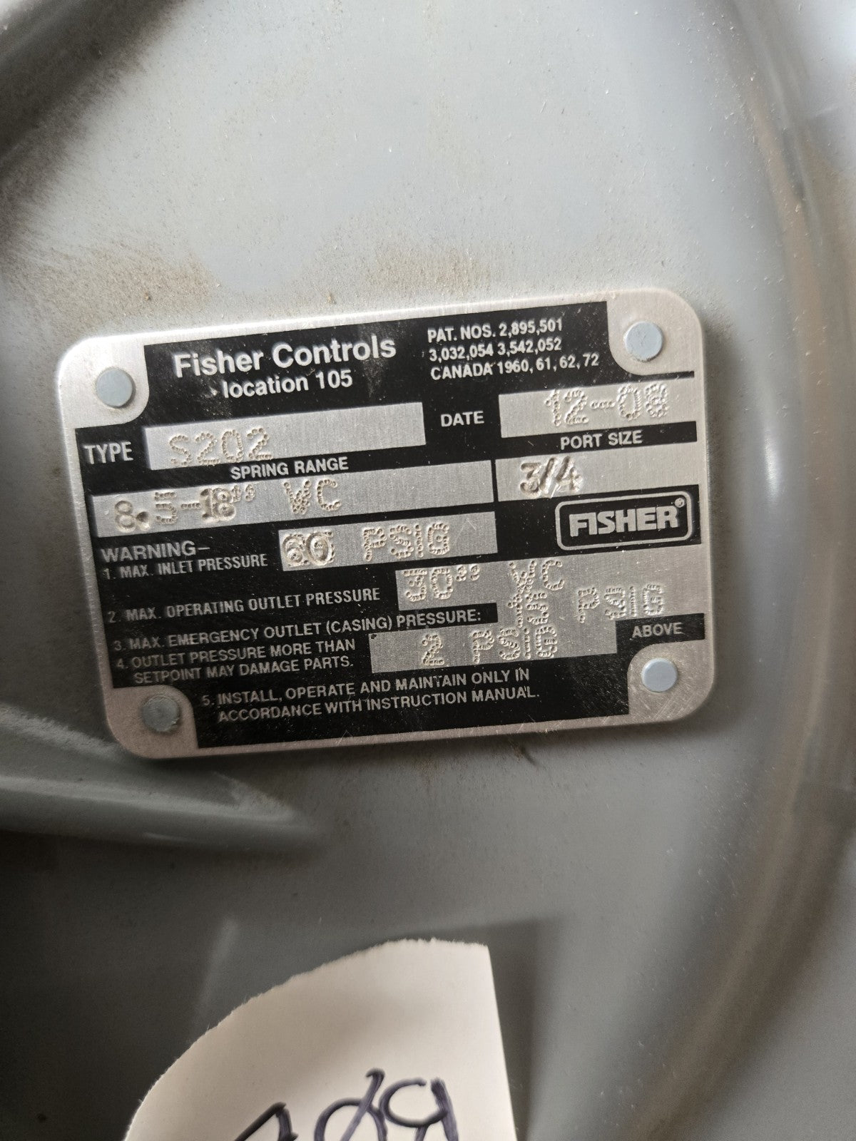 Fisher S202 PRESSURE REDUCING VALVE