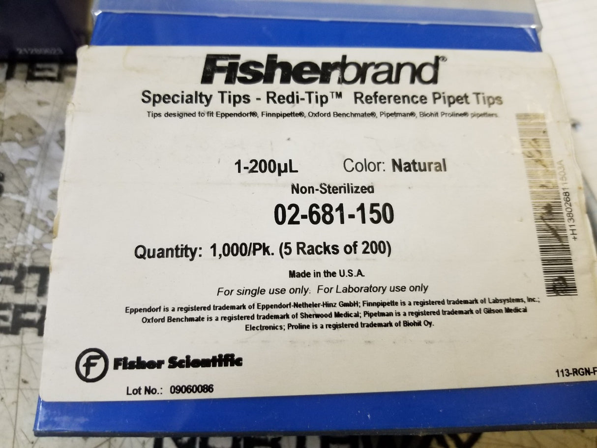 02-681-150 FISHERBRAND 200µL  5 RACKS OF 200 SPECIALTY TIPS REDI-TIP PIPET TIPS