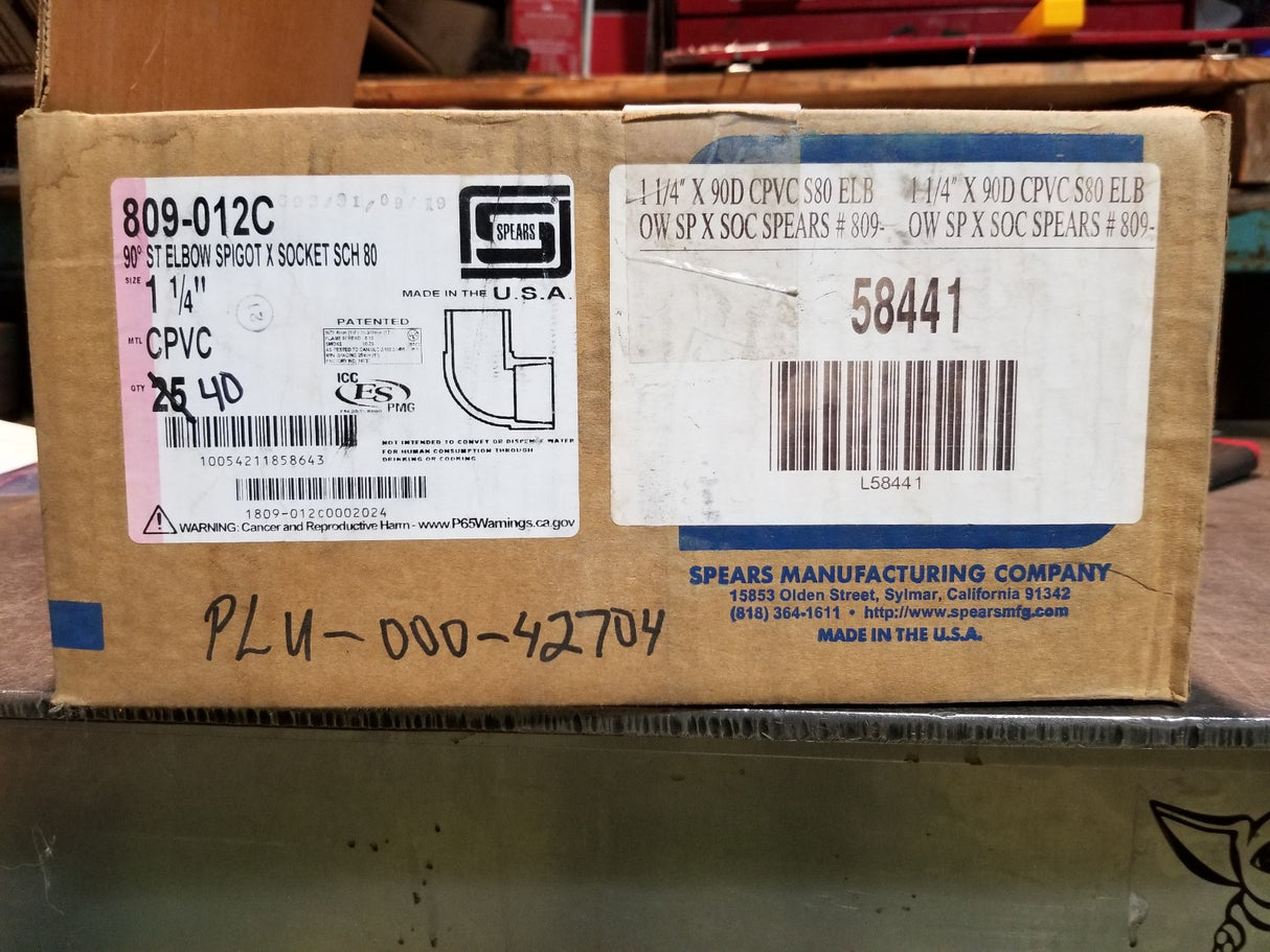 BOX OF 44 PC - 809-012C 90 ST ELBOW SPIGOT SCHED 80