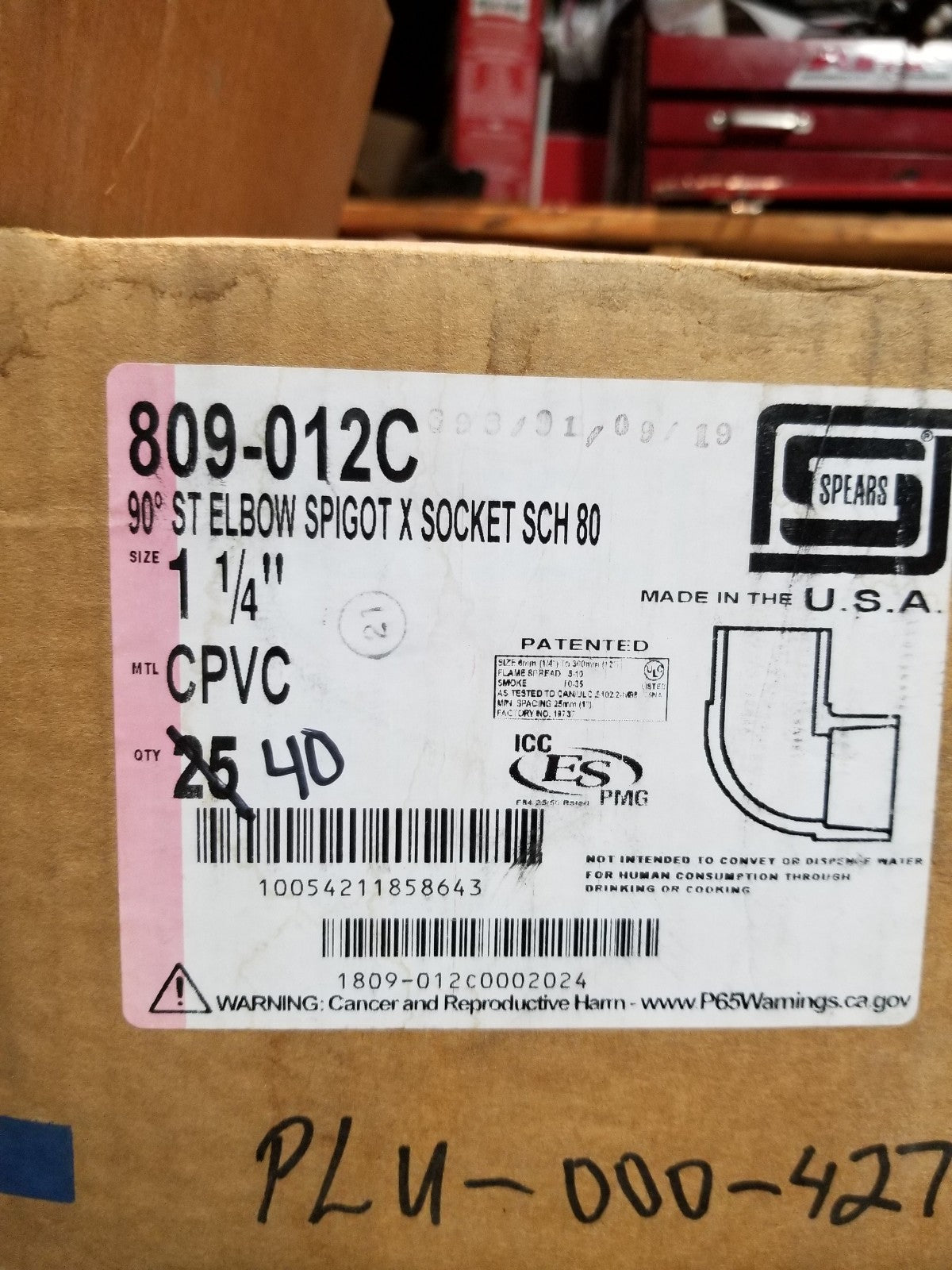BOX OF 44 PC - 809-012C 90 ST ELBOW SPIGOT SCHED 80
