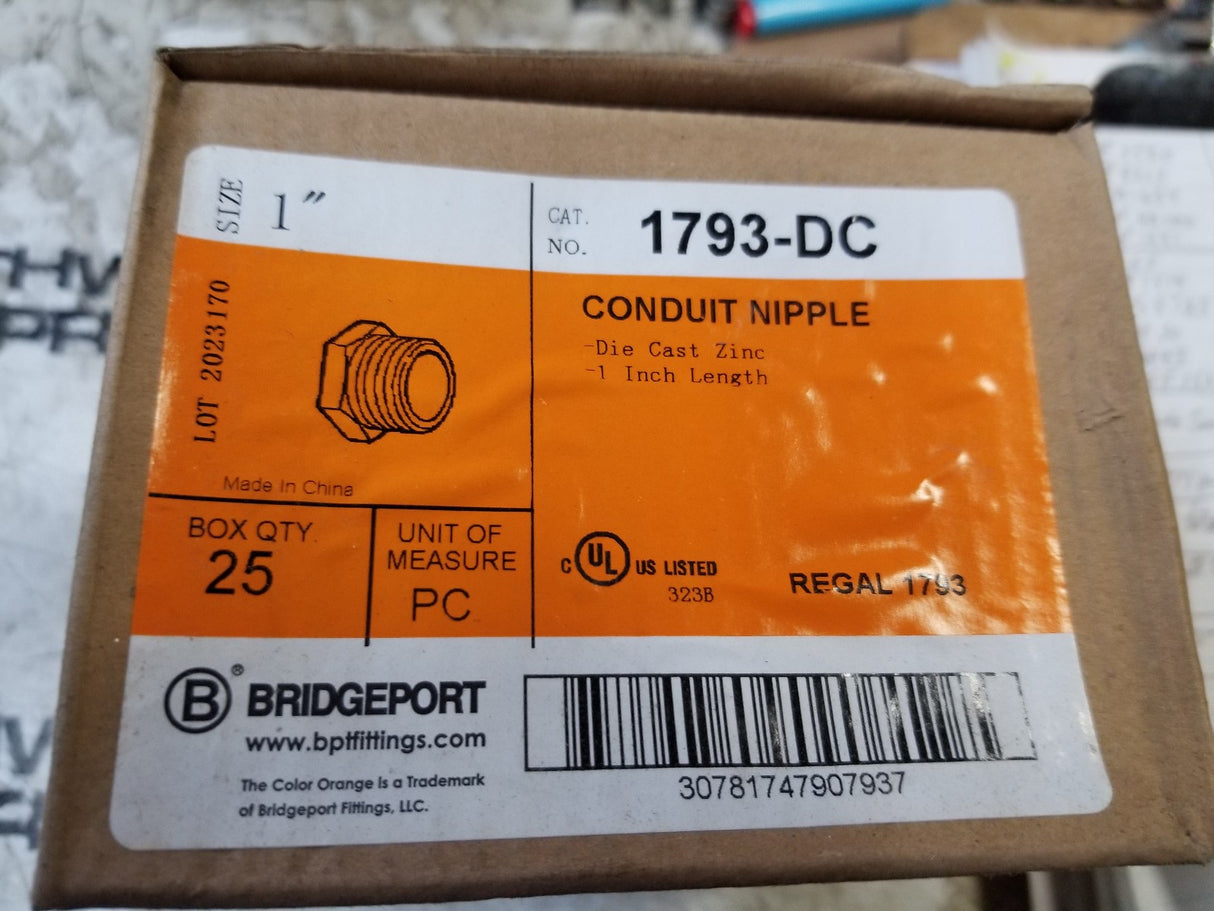 1 BOX 0F 25PC - Bridgeport 1793-DC 1" Extra Long Conduit Nipple