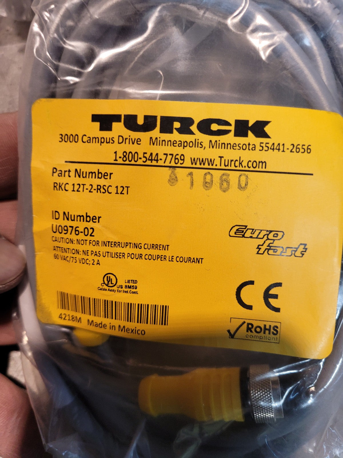 Turck RKC 12T-2-RSC 12T Connect Cables For Fortress U0976-02 60-75VDC 24AWG/12