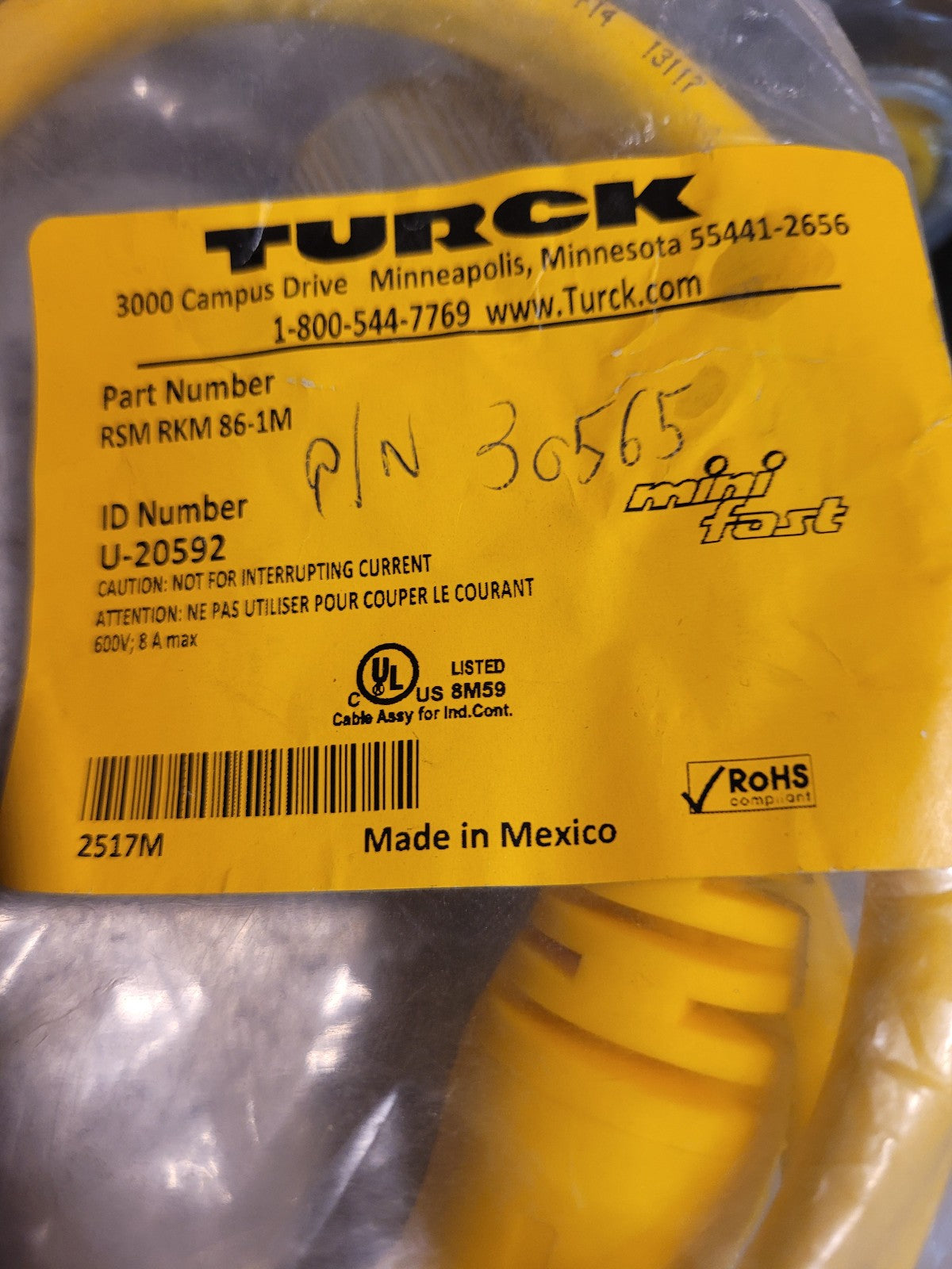 Turck RSM RKM 86-1M Cordset, 7/8-16 Male Straight, 8 Wire, 1m, PVC, Yellow