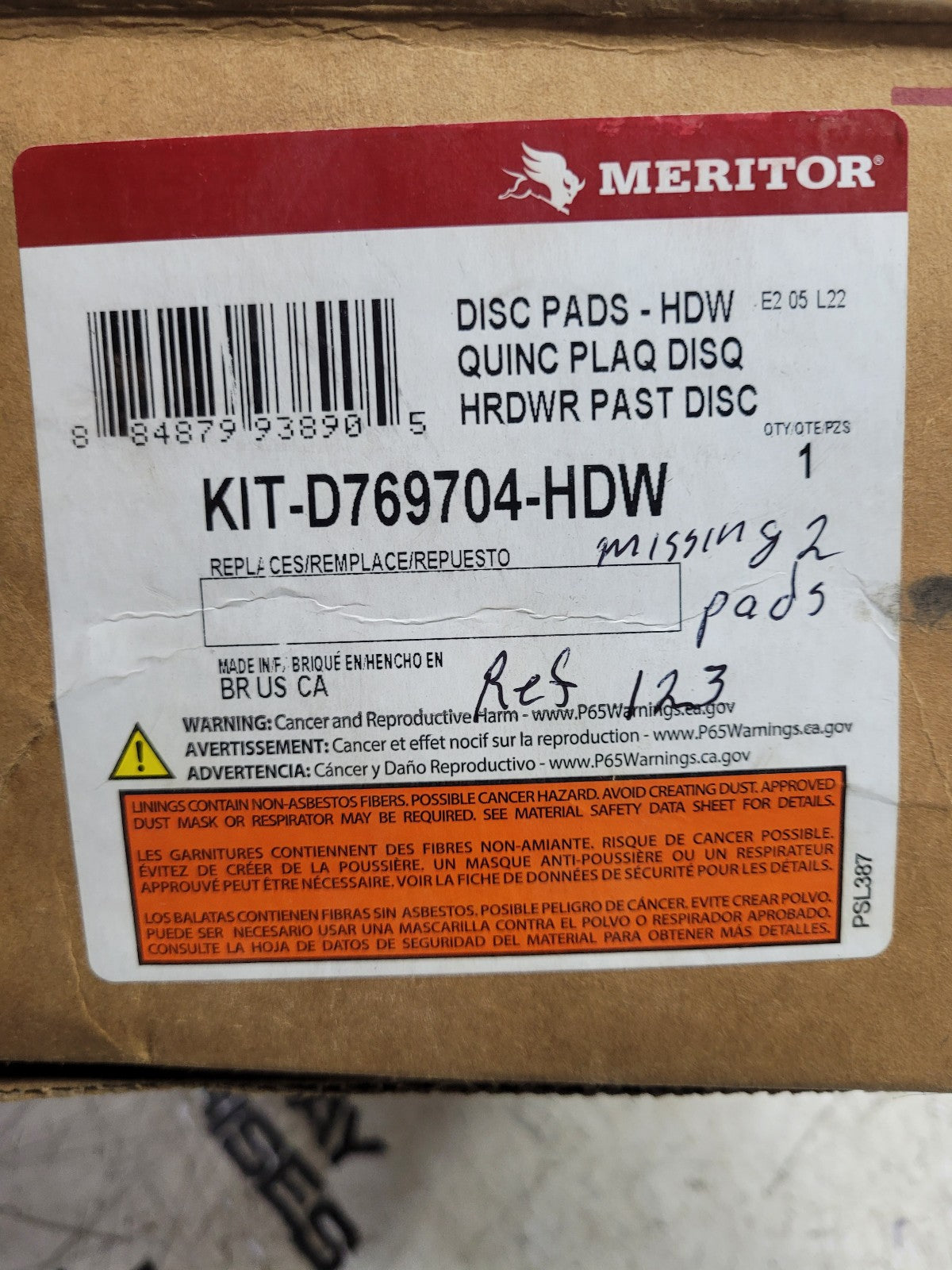 New Meritor KITD769704HWD 9c4z-2001-b Disc Brake Pad Kit *MISSING 2 PADS*