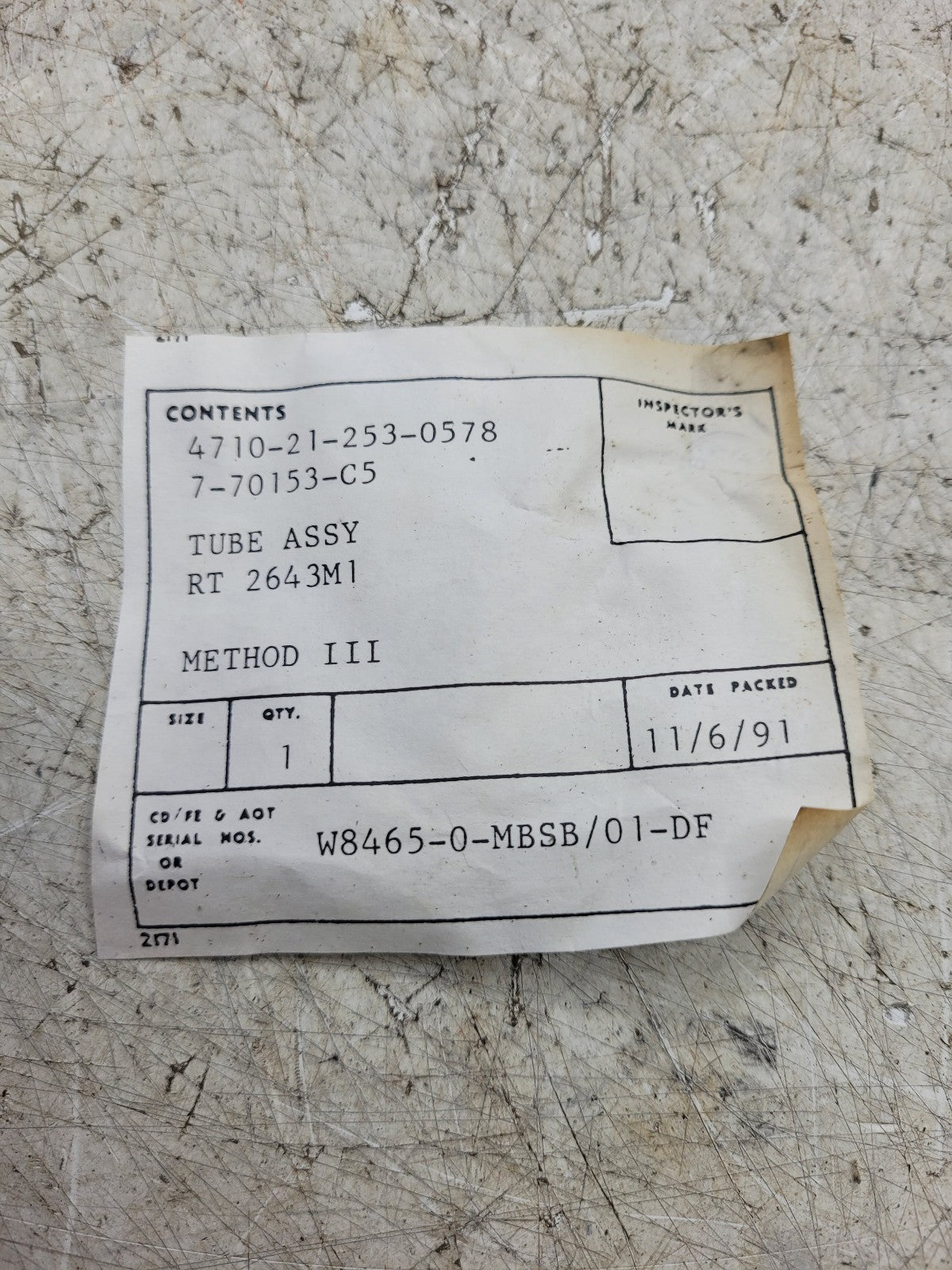 NEW OLD STOCK 4710-21-253-0578 TUBE ASSY 7-70153-C5 RT 2643M1 METHOD 3