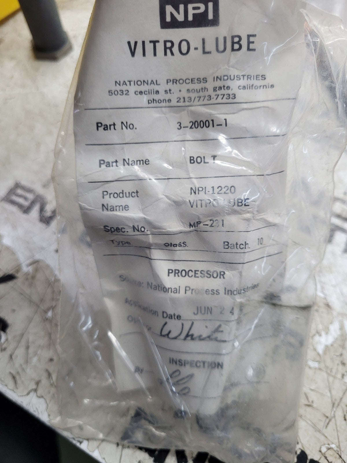NEW OLD STOCK 3-20001-1 NPI BOLT NPI-1220 MP-231 UNCERTIFIED AS IS