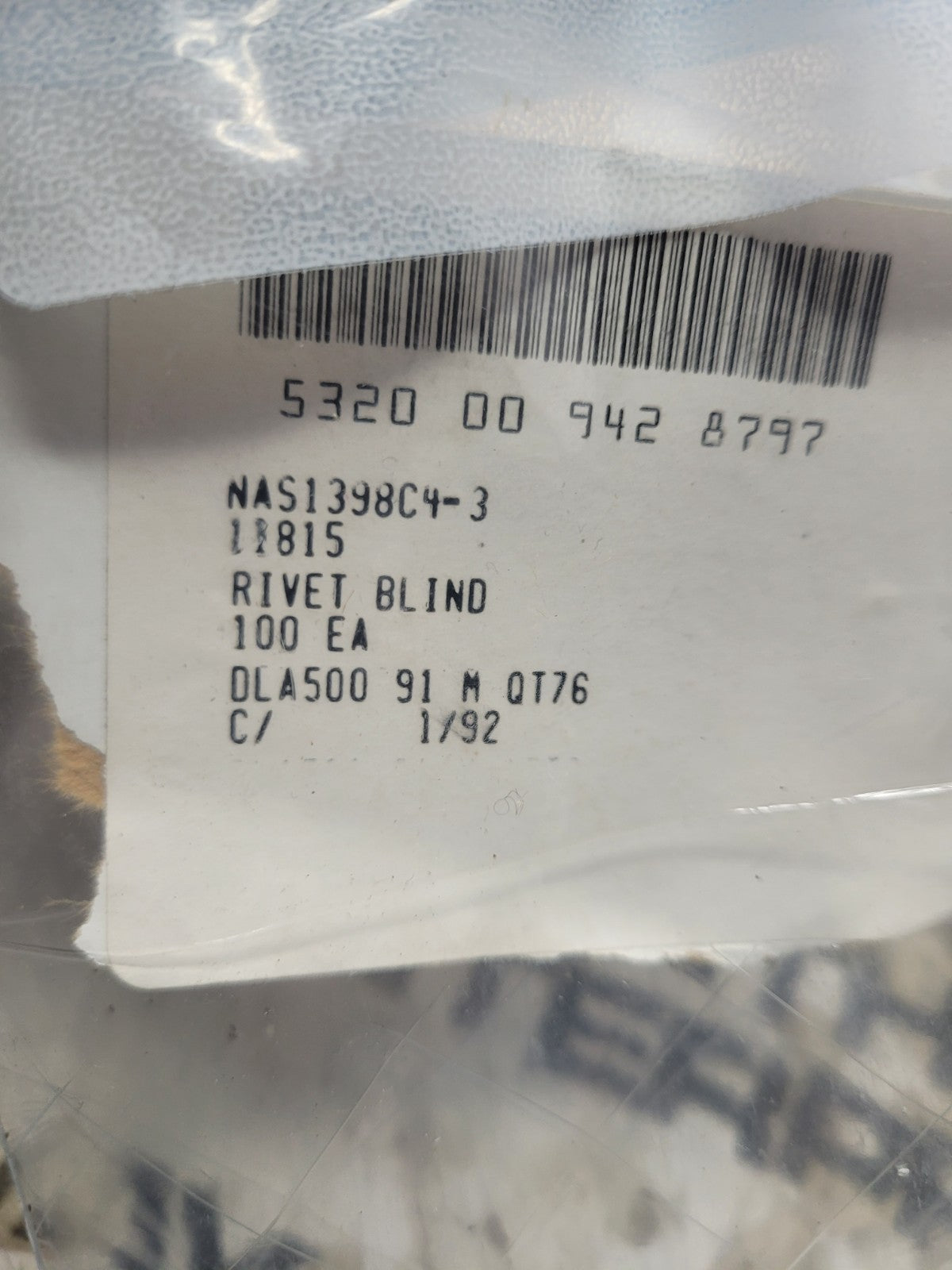 NEW OLD STOCK LOT OF 149 RIVETS NAS1398C4-3 NSN 5320-00-942-8797 CR2663-04-03