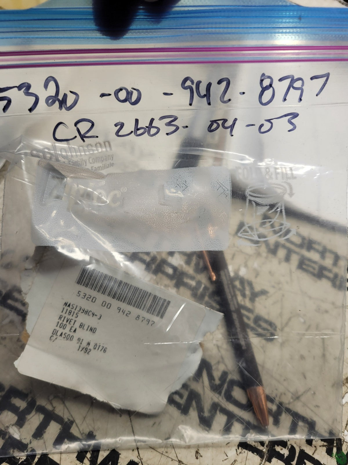 NEW OLD STOCK LOT OF 149 RIVETS NAS1398C4-3 NSN 5320-00-942-8797 CR2663-04-03