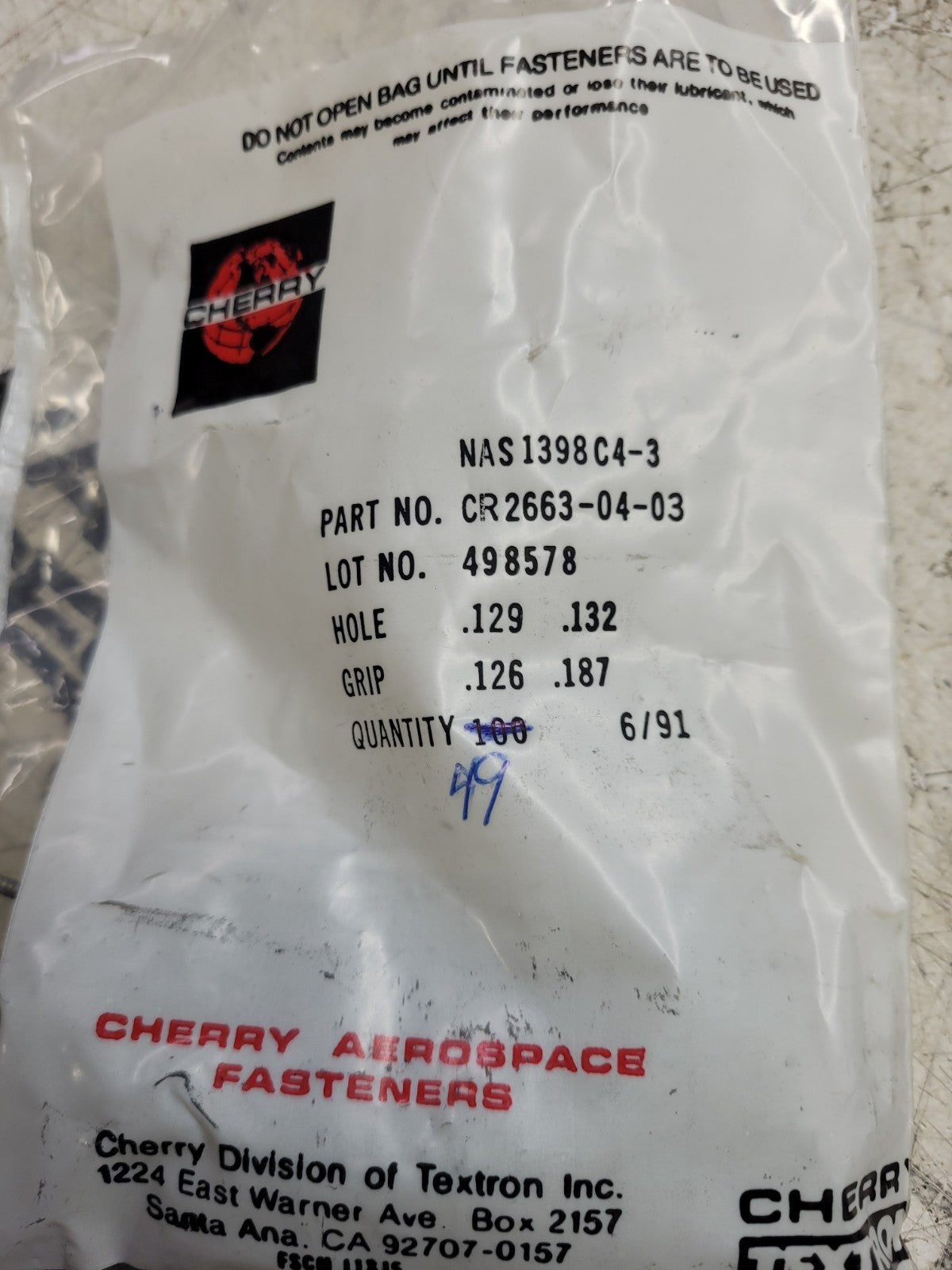NEW OLD STOCK LOT OF 149 RIVETS NAS1398C4-3 NSN 5320-00-942-8797 CR2663-04-03