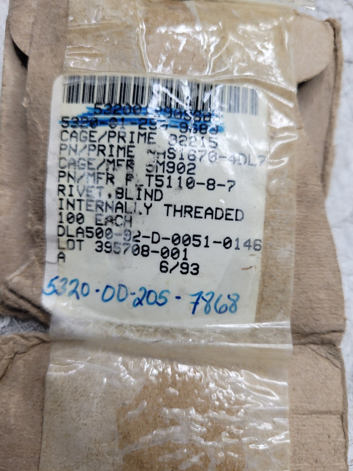 NEW OLD STOCK LOT OF 100 BLIND RIVET 5320-00-205-7868