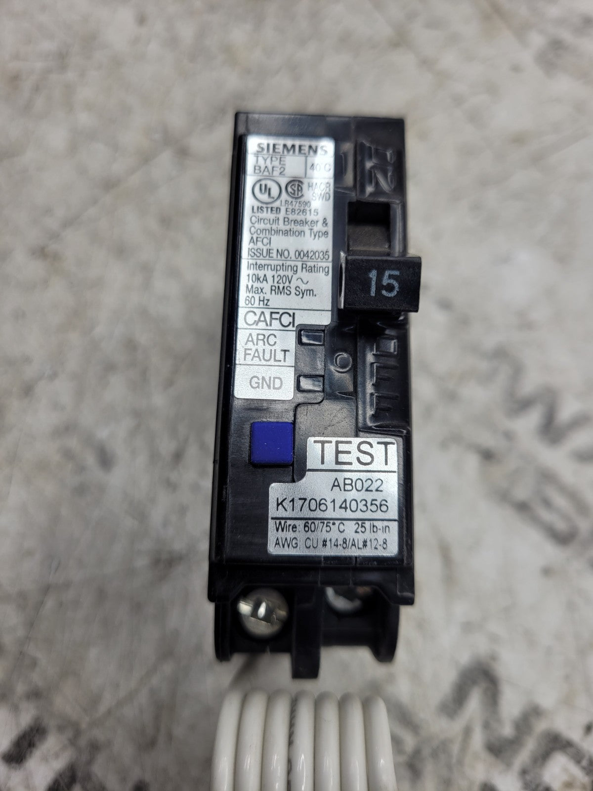 NEW BA115AFC - Siemens - 15 Amp AFCI Circuit Breaker Bolt-On - 15 Amp - 1 Pole