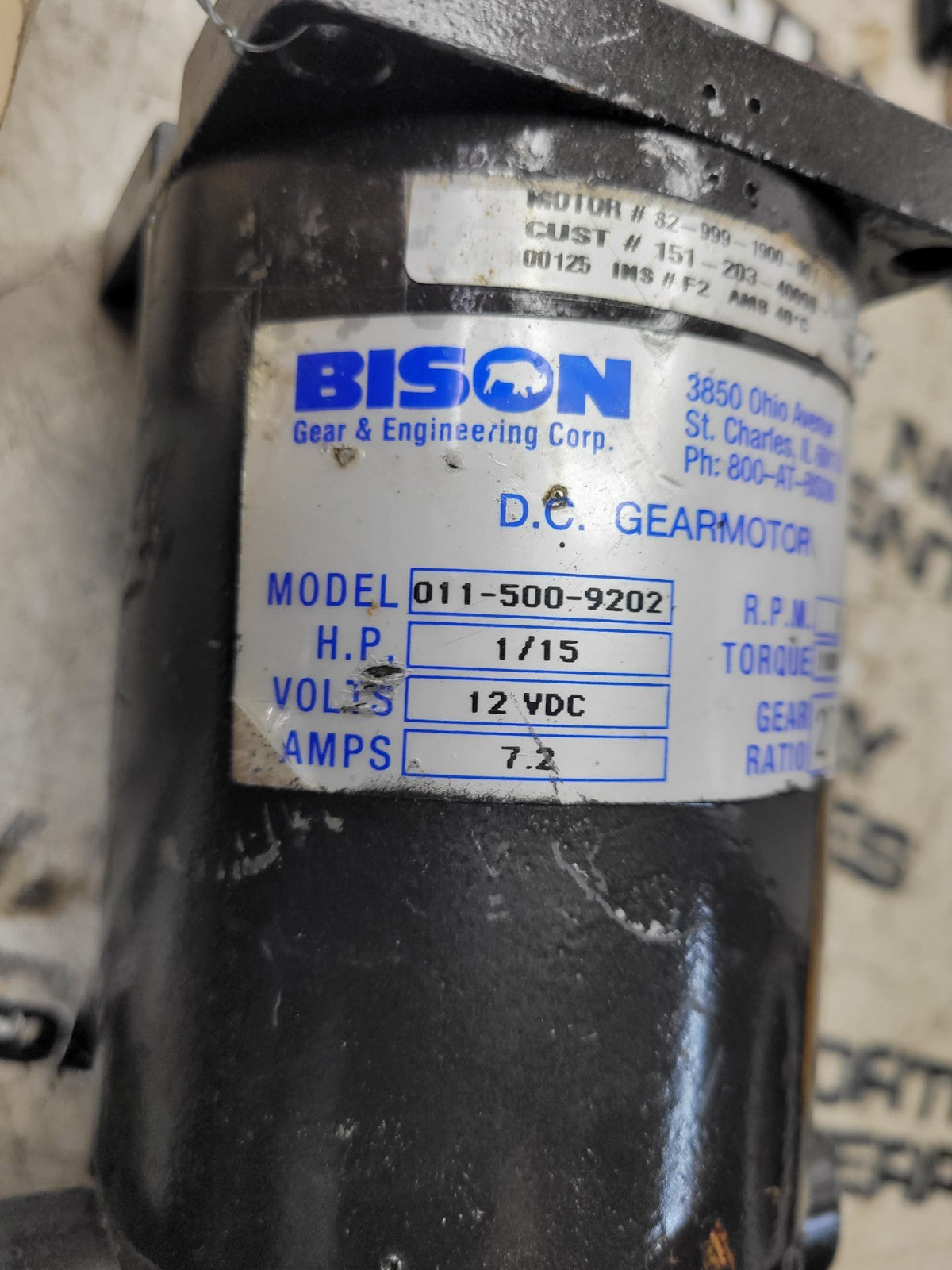 NEW 011-500-9202 BISON GEAR MOTOR 1/15 HP 12 VDC 7.2A 3.7RPM 1100 INLBS
