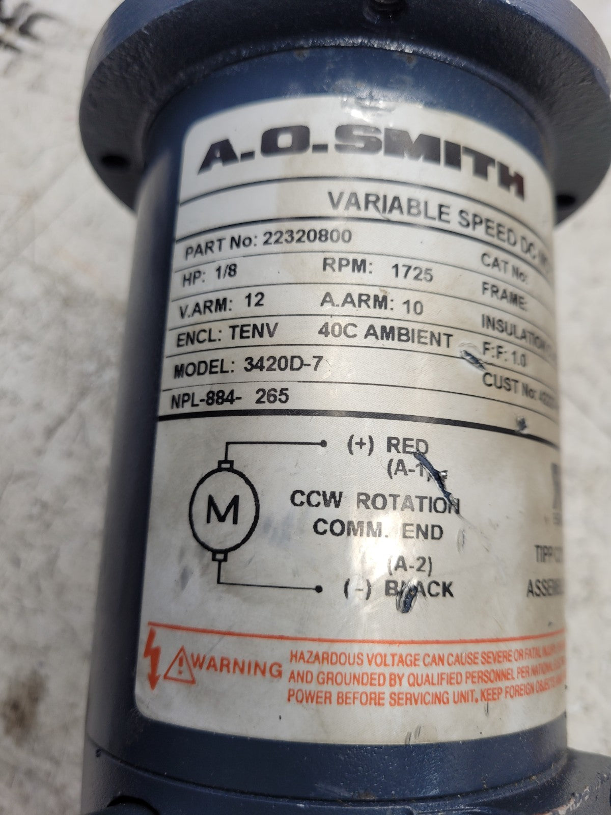 NEW A.O.SMITH 3420D-7 22320800 1/8HP 1725RPM TENV  ELECTRIC MOTOR 12VDC