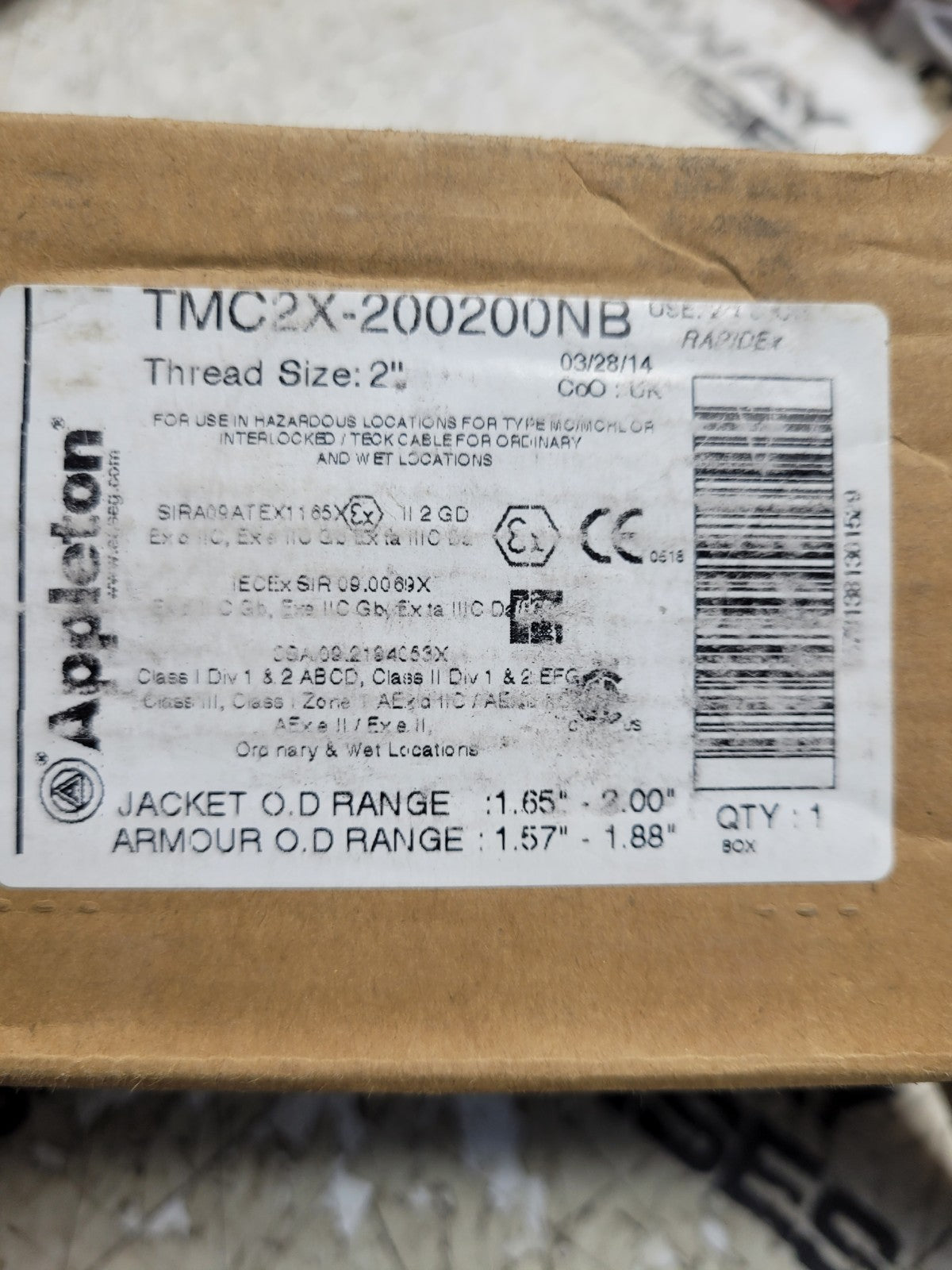 NEW APPLETON CABLE CONNECTOR TYPE TMC2X-200200NB 2" THREAD NICKEL PLATED