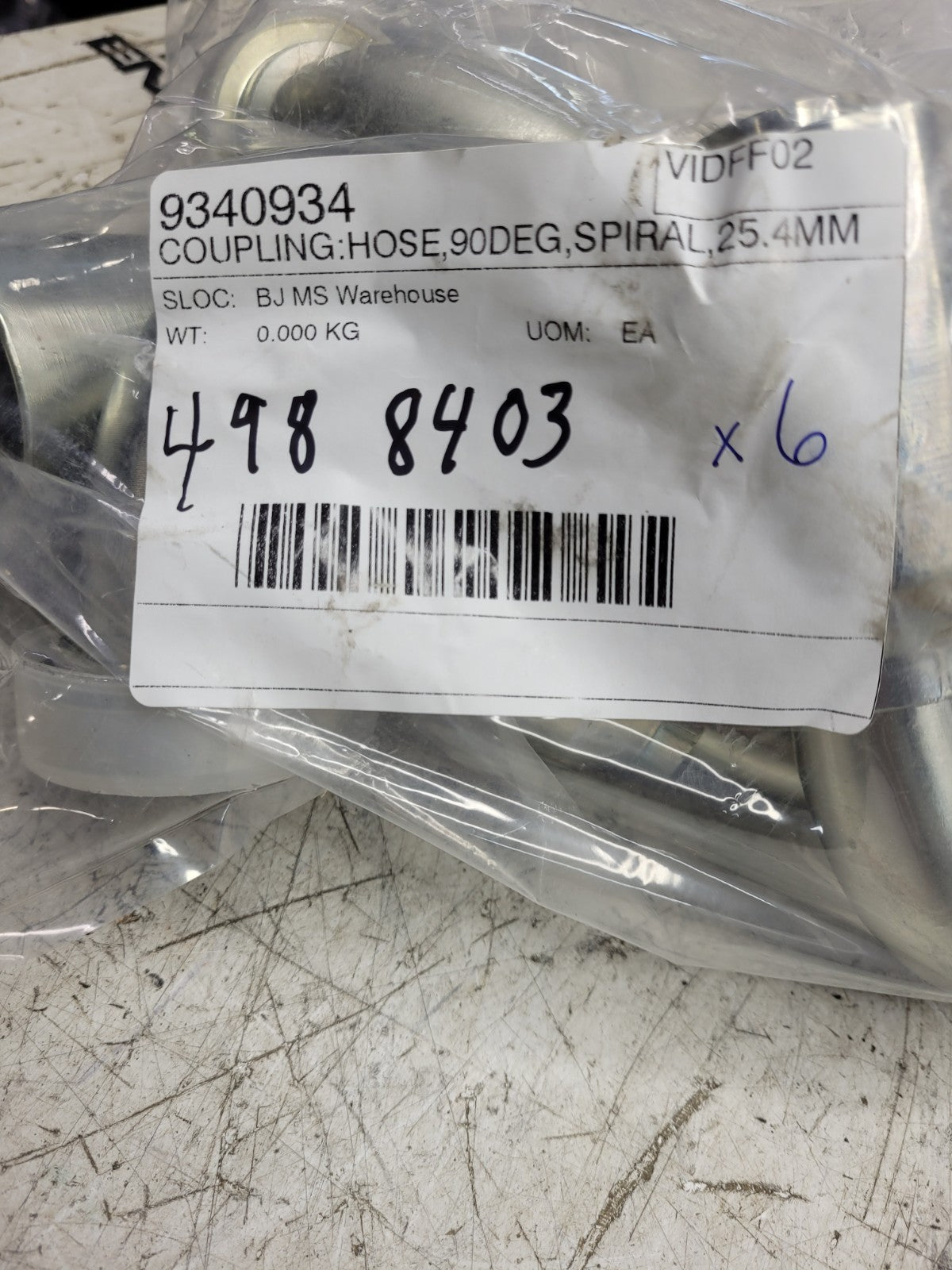 6PC LOT -  498-8403 4988403 #16 CD 62 FLANGE X #16 BARB 90° Hydraulic Fitting
